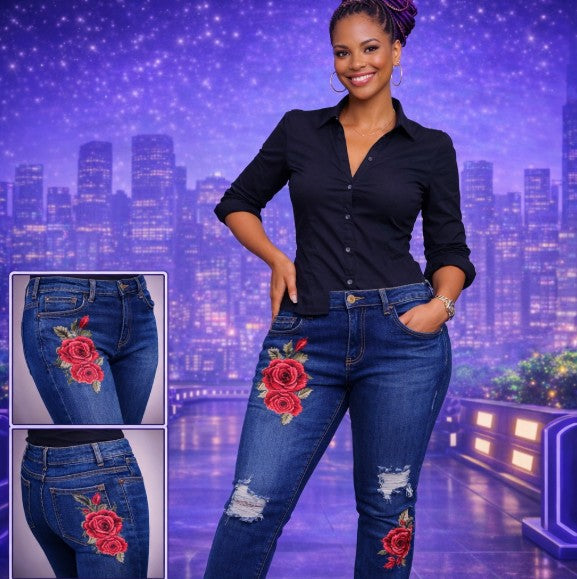 Z-Mkt | K. Jordan Blue Jeans | Floral Detail & Light Distressing